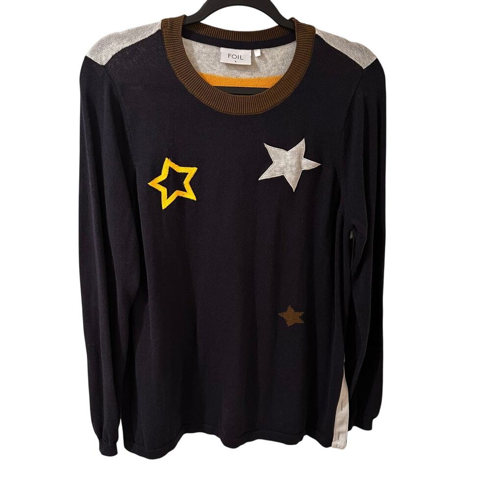FOIL Colorblock Cotton Embroidered Open Weave Sweater Navy Yellow White, L